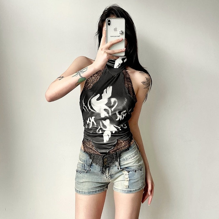 Black Lace-Trim Abstract Print Top