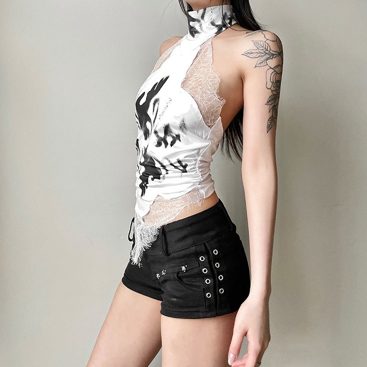 Black Lace-Trim Abstract Print Top