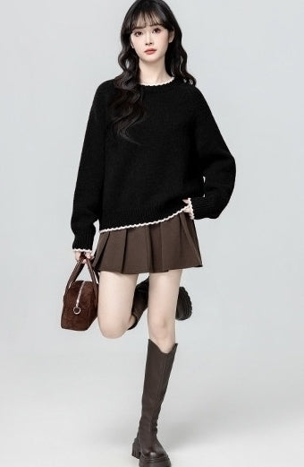 Black Lace Trim Crewneck Sweater Loose Fit Knit Top