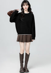 Black Lace Trim Crewneck Sweater Loose Fit Knit Top