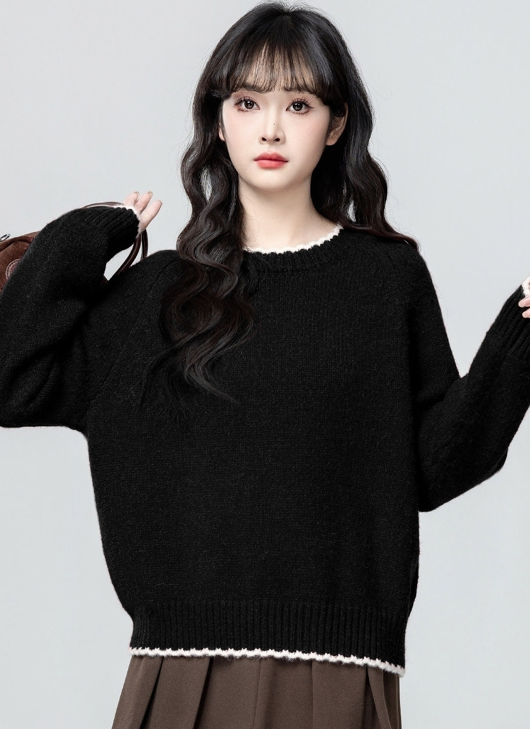 Black Lace Trim Crewneck Sweater Loose Fit Knit Top