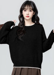 Black Lace Trim Crewneck Sweater Loose Fit Knit Top
