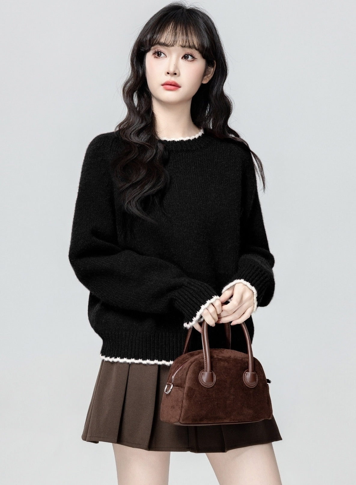 Black Lace Trim Crewneck Sweater Loose Fit Knit Top