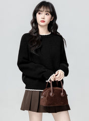 Black Lace Trim Crewneck Sweater Loose Fit Knit Top