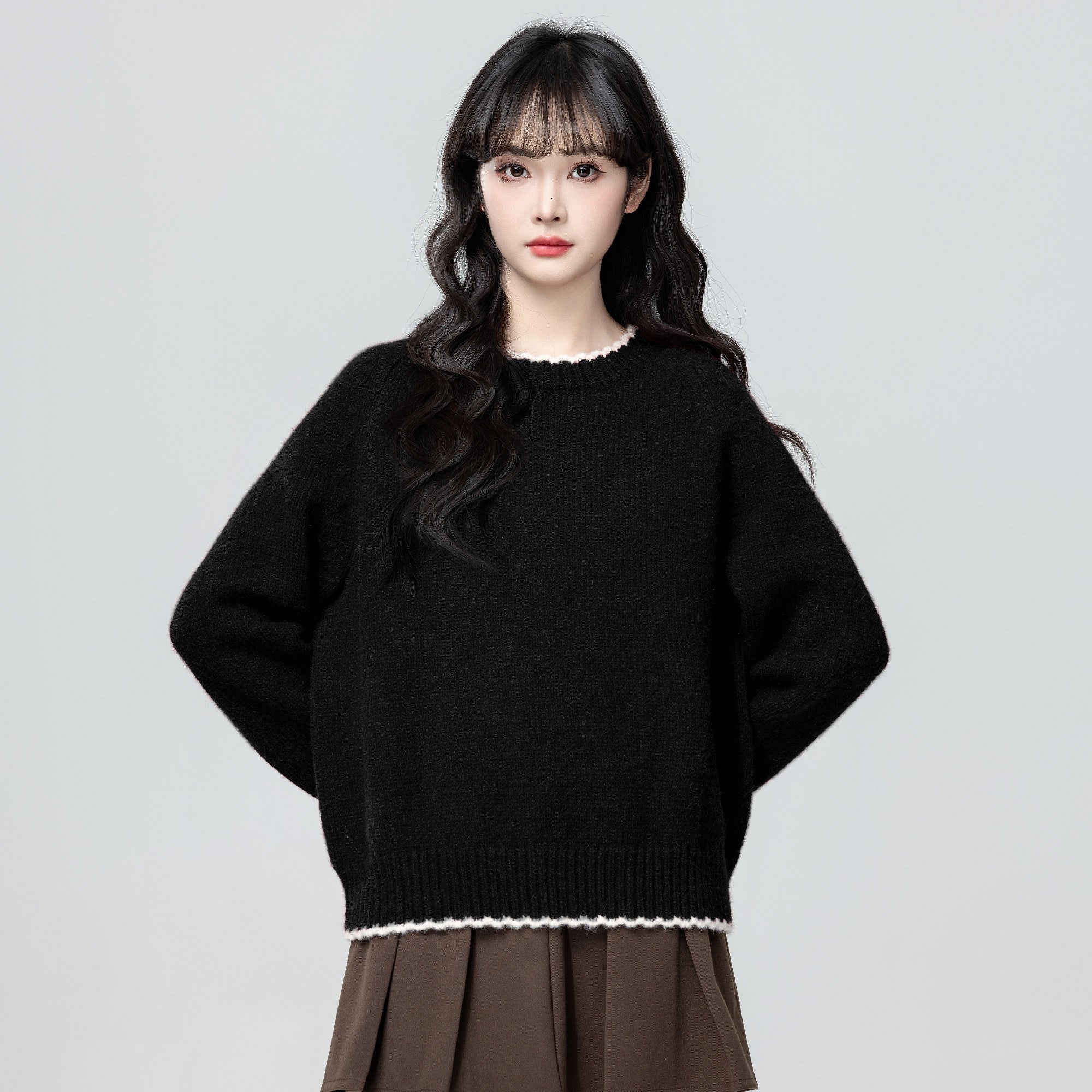 Black Lace Trim Crewneck Sweater Loose Fit Knit Top