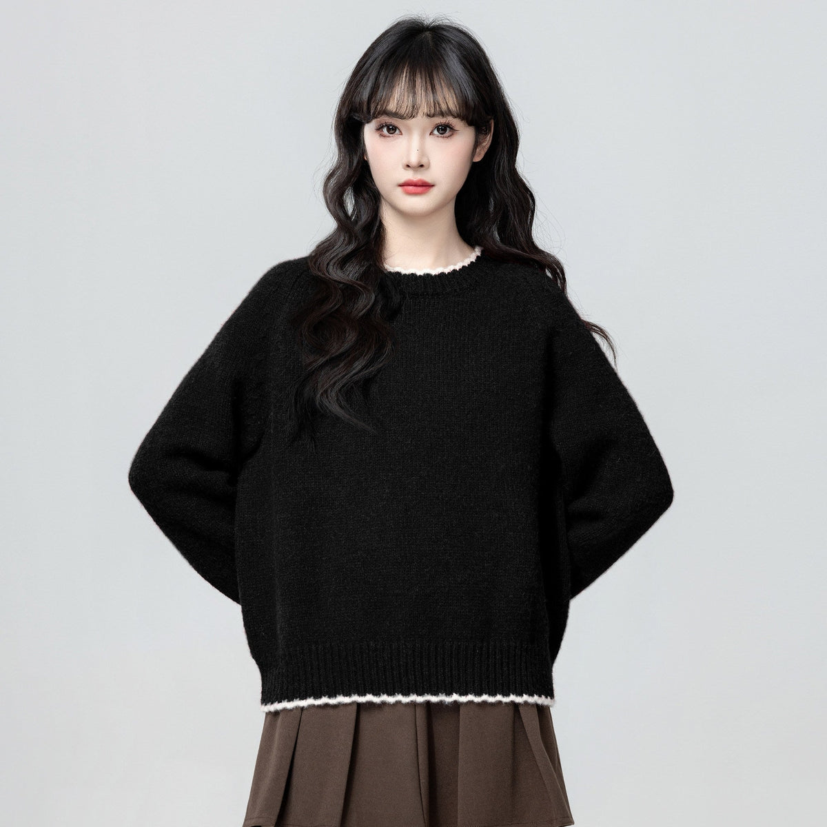 Black Lace Trim Crewneck Sweater Loose Fit Knit Top