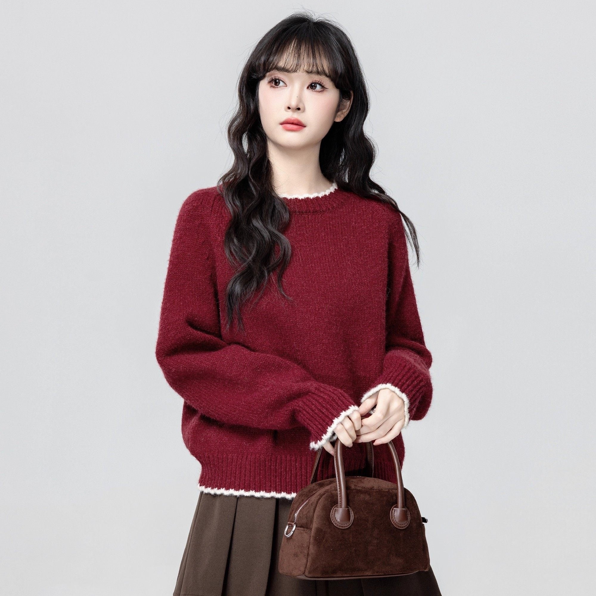 Black Lace Trim Crewneck Sweater Loose Fit Knit Top