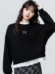 Black Lace Trim Pullover Sweatshirt With Layered Design