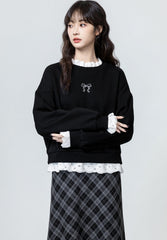 Black Lace Trim Pullover Sweatshirt With Layered Design