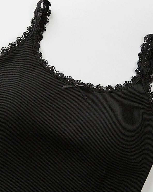 Black Lace Trim Ribbed Tank Top