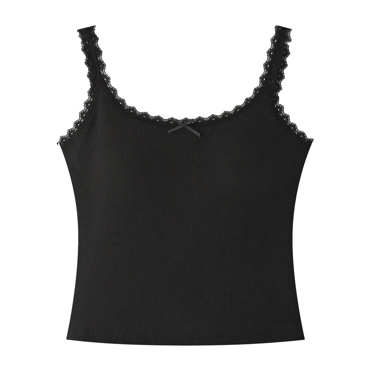 Black Lace Trim Ribbed Tank Top