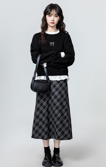 Black Lacetrimmed Fleece Sweatshirt
