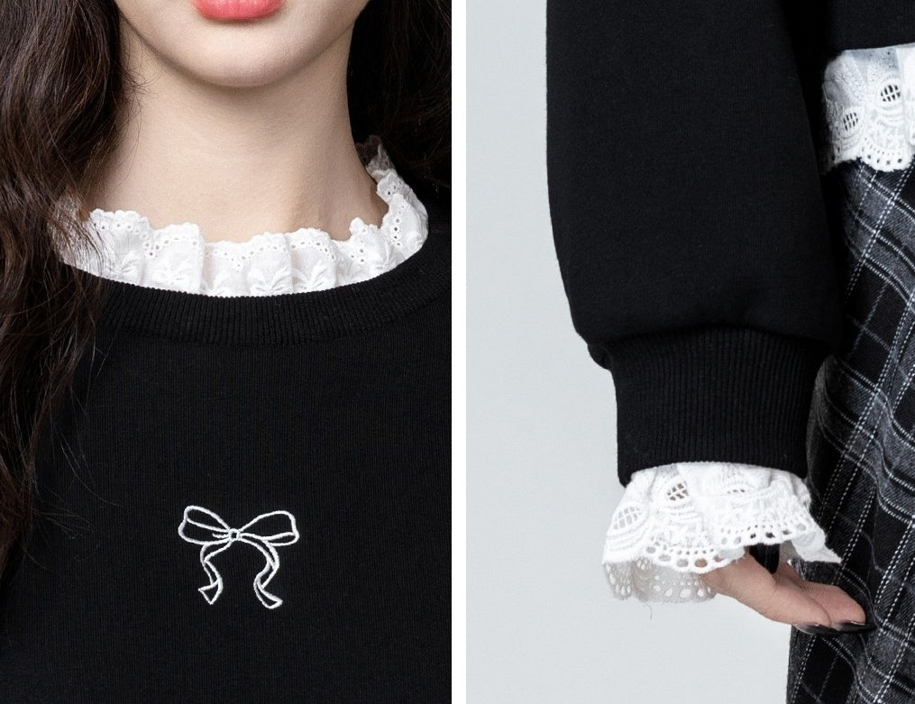Black Lacetrimmed Fleece Sweatshirt