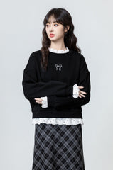 Black Lacetrimmed Fleece Sweatshirt