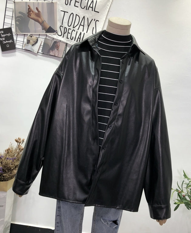 Black Leather Shirt Jacket