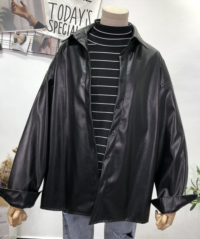 Black Leather Shirt Jacket