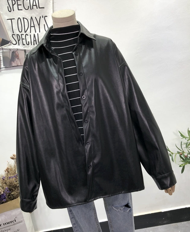 Black Leather Shirt Jacket