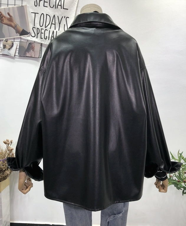 Black Leather Shirt Jacket