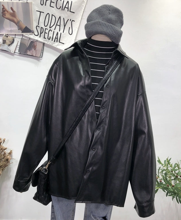 Black Leather Shirt Jacket