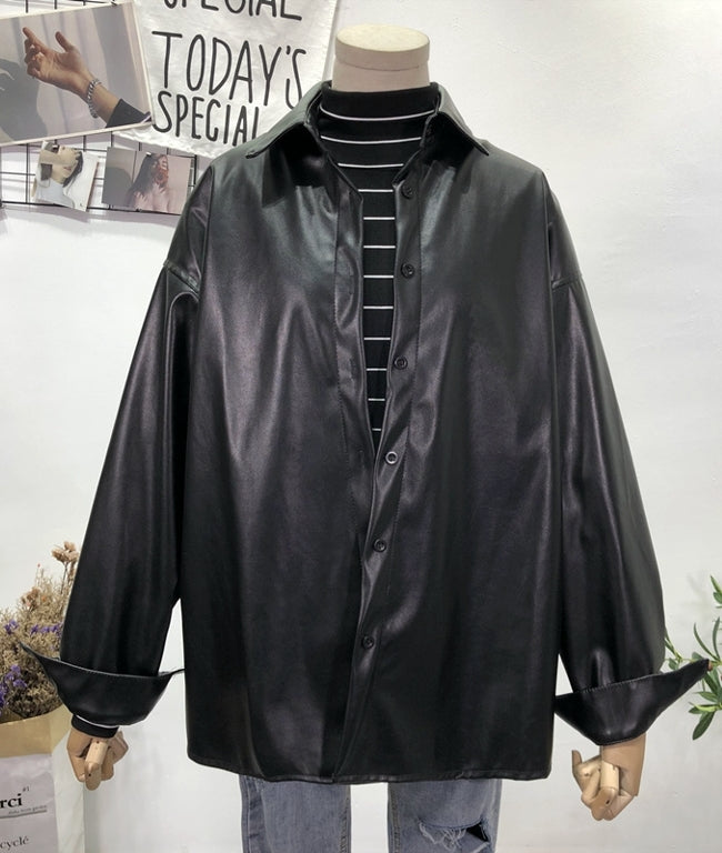 Black Leather Shirt Jacket