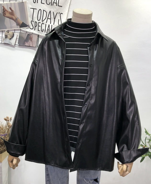 Black Leather Shirt Jacket