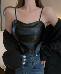 Black Leather Sling Crop Top