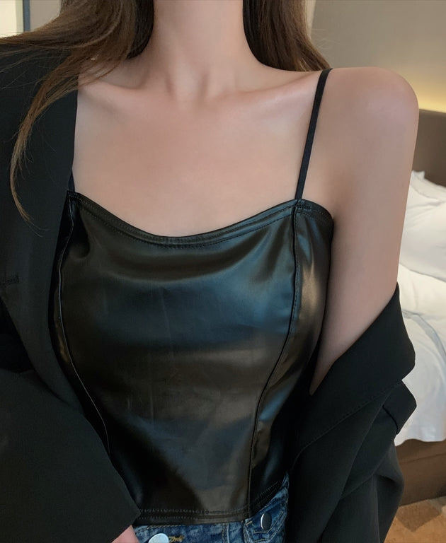 Black Leather Sling Crop Top