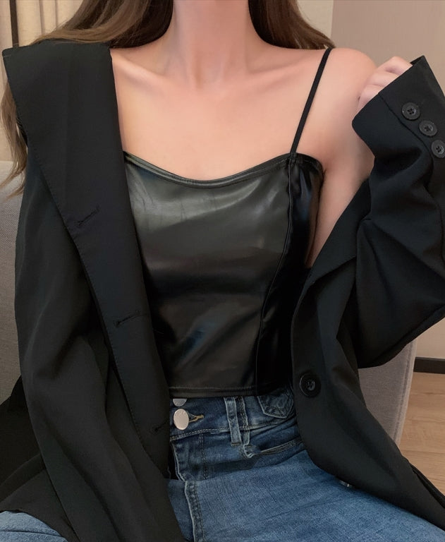 Black Leather Sling Crop Top