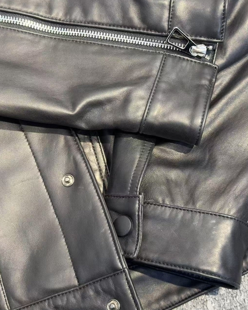 Black Leather Snap Button Jacket