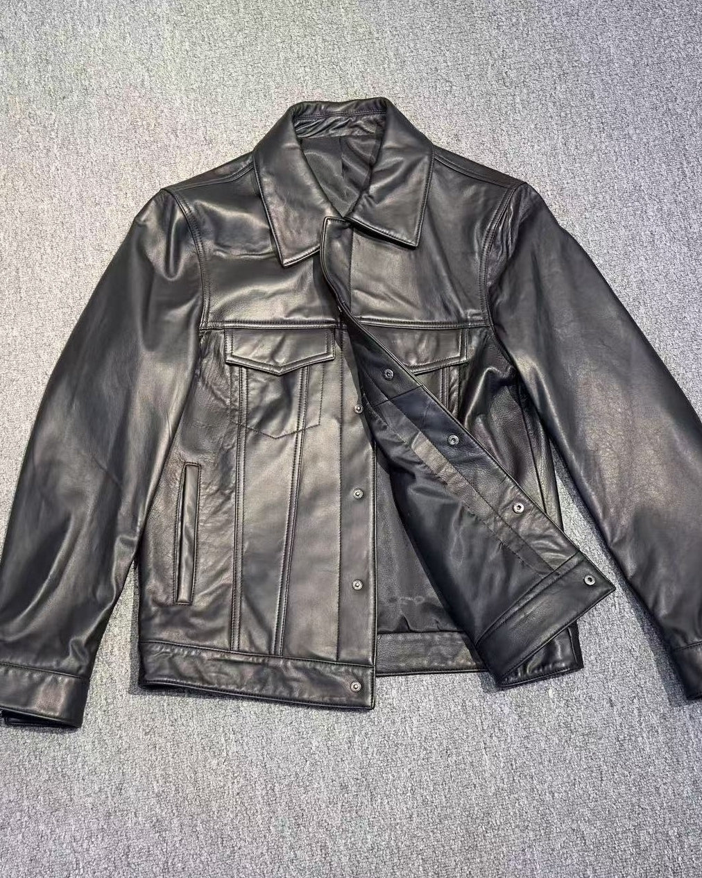 Black Leather Snap Button Jacket