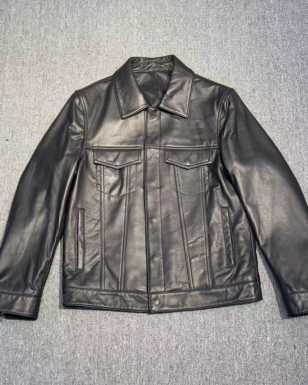 Black Leather Snap Button Jacket
