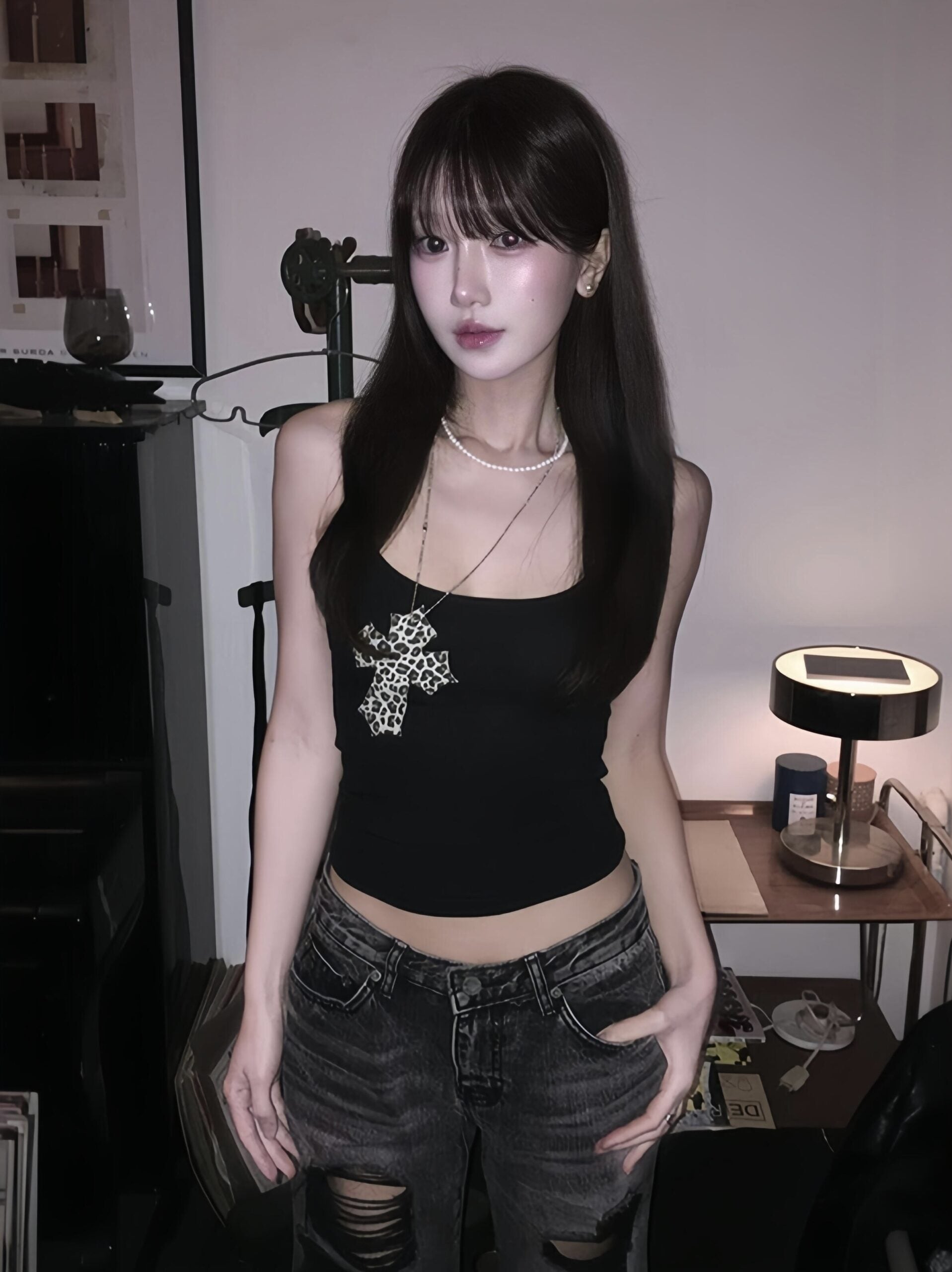 Black Leopard Cross Cami Top