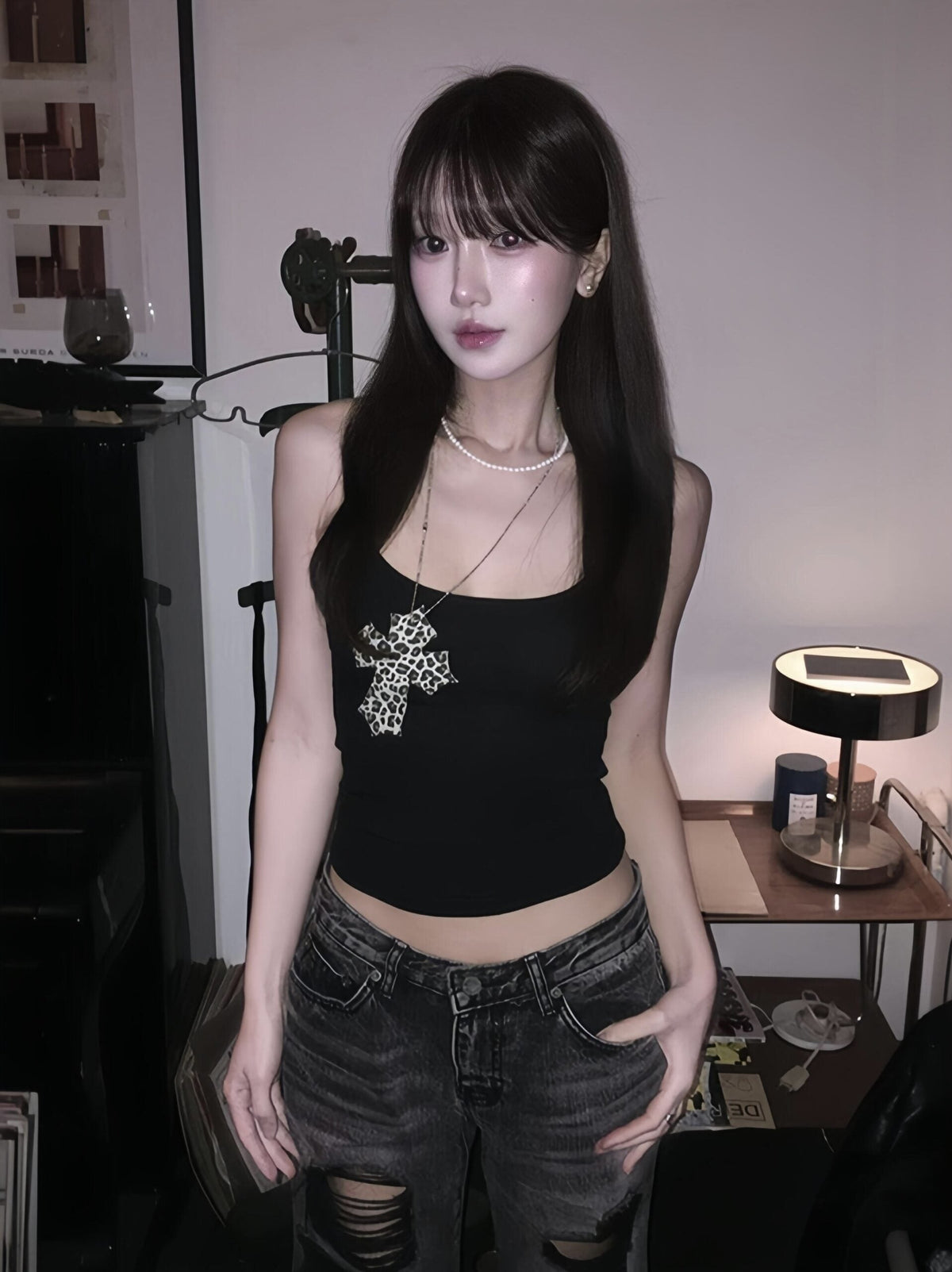 Black Leopard Cross Cami Top