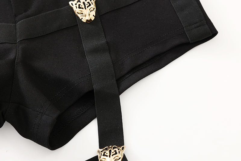 Black Leopard Shorts With Strap