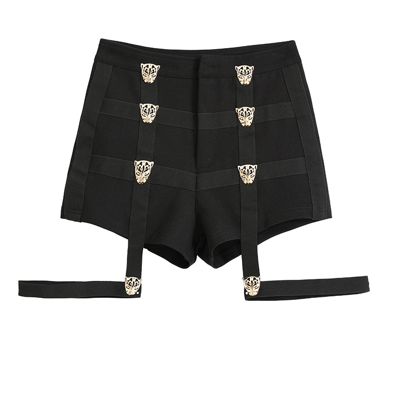 Black Leopard Shorts With Strap