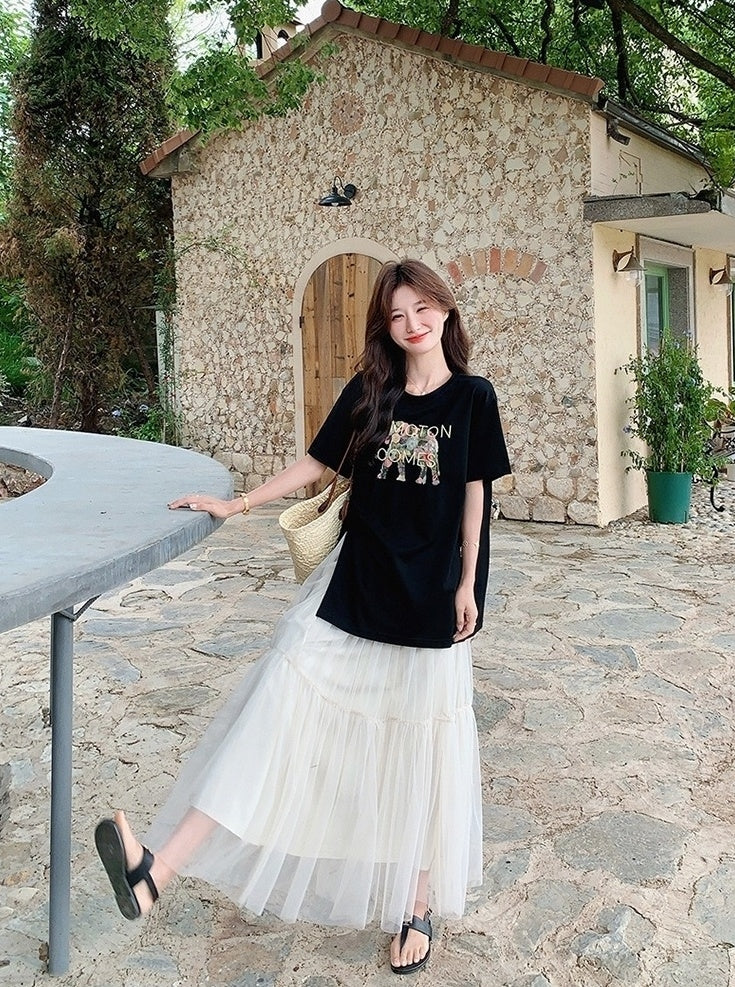 Black Letter Print Casual Skirt And Top Set