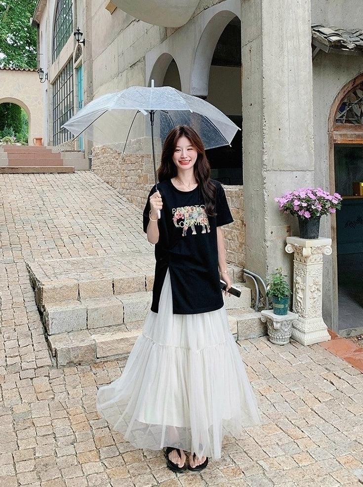 Black Letter Print Casual Skirt And Top Set