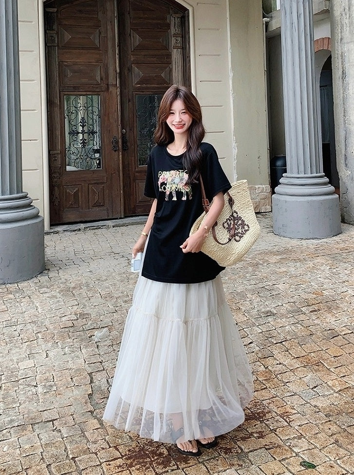 Black Letter Print Casual Skirt And Top Set