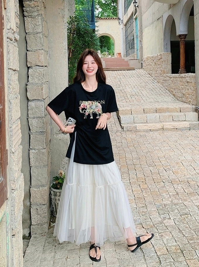 Black Letter Print Casual Skirt And Top Set
