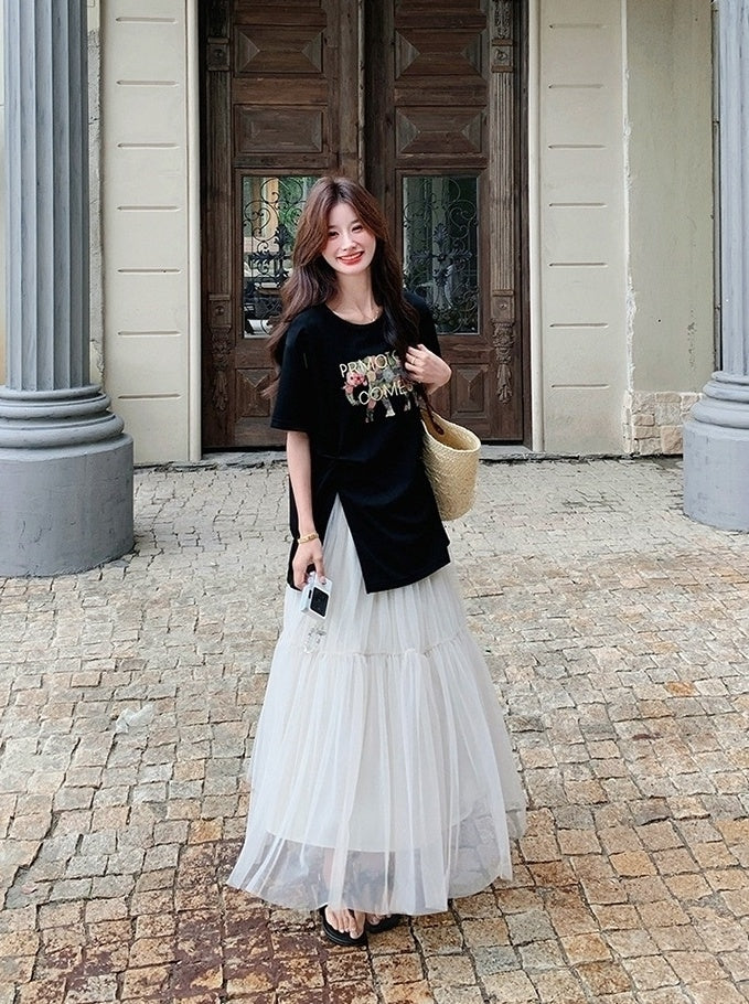 Black Letter Print Casual Skirt And Top Set