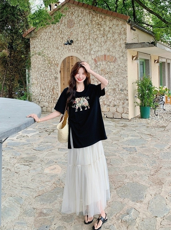 Black Letter Print Casual Skirt And Top Set