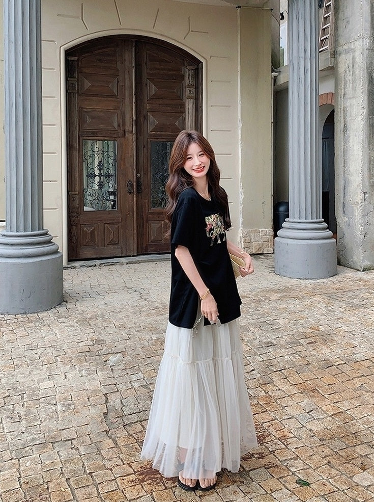 Black Letter Print Casual Skirt And Top Set