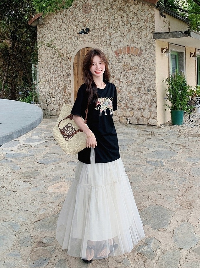 Black Letter Print Casual Skirt And Top Set