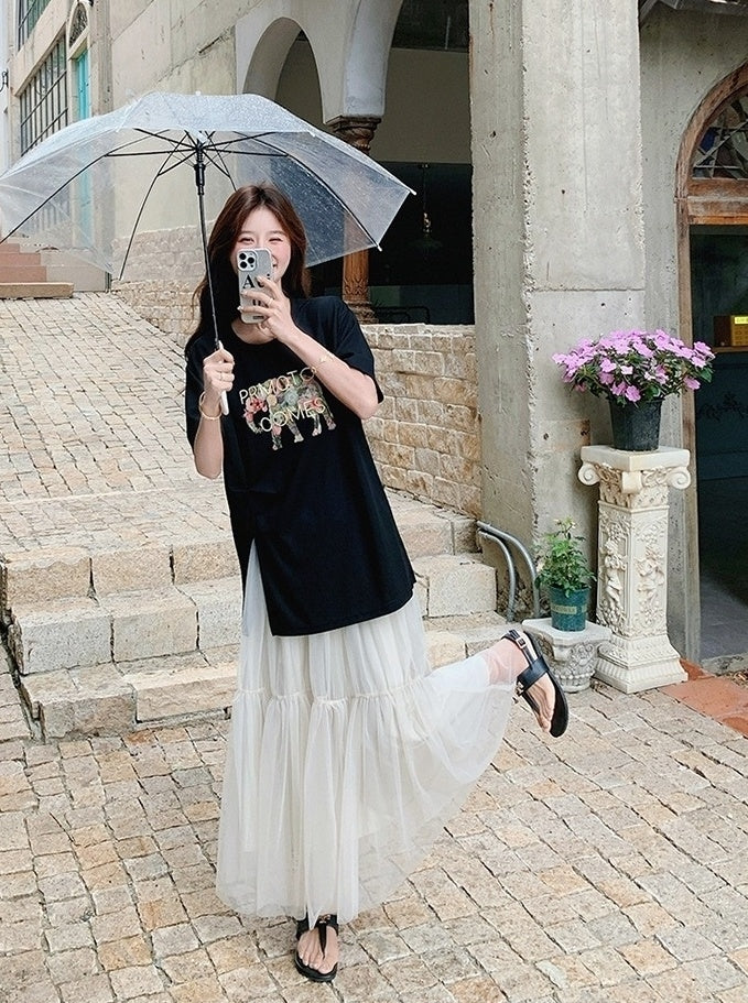 Black Letter Print Casual Skirt And Top Set