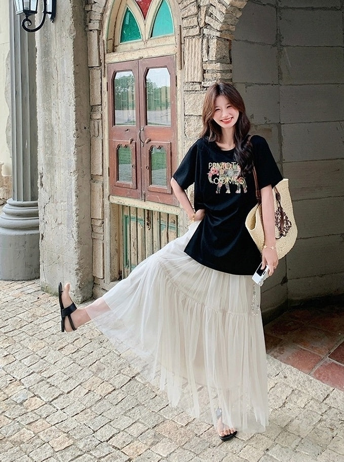 Black Letter Print Casual Skirt And Top Set