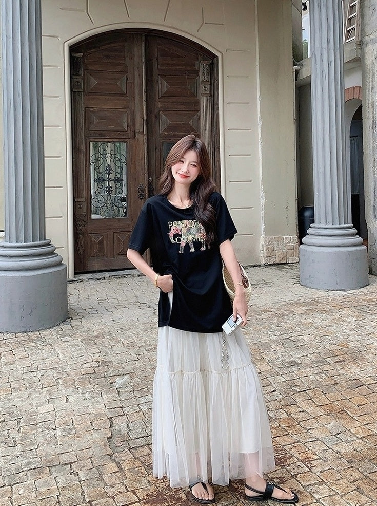 Black Letter Print Casual Skirt And Top Set