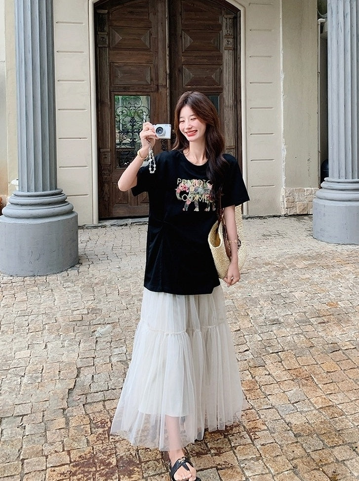 Black Letter Print Casual Skirt And Top Set