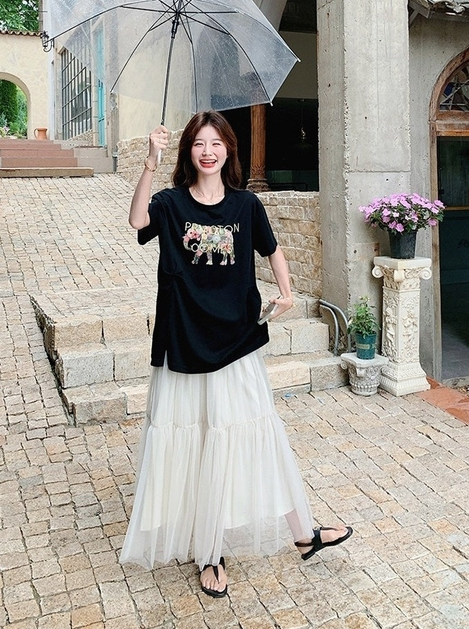 Black Letter Print Casual Skirt And Top Set