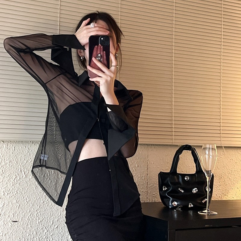 Black Long Sleeve Collared Sheer Shirt
