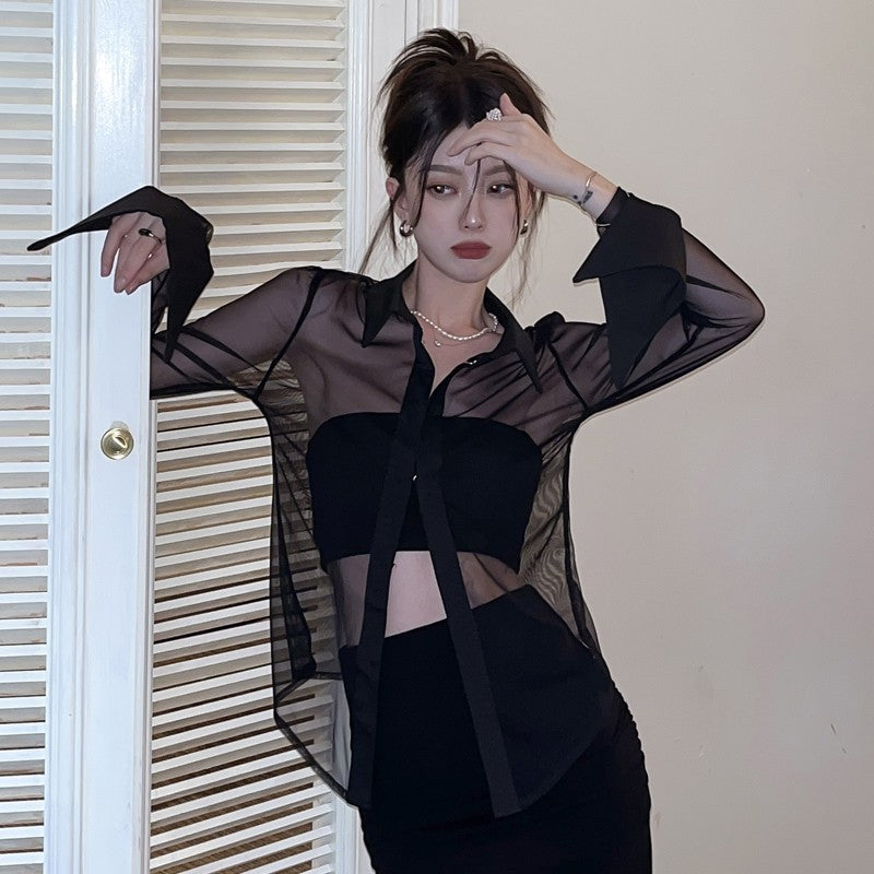 Black Long Sleeve Collared Sheer Shirt